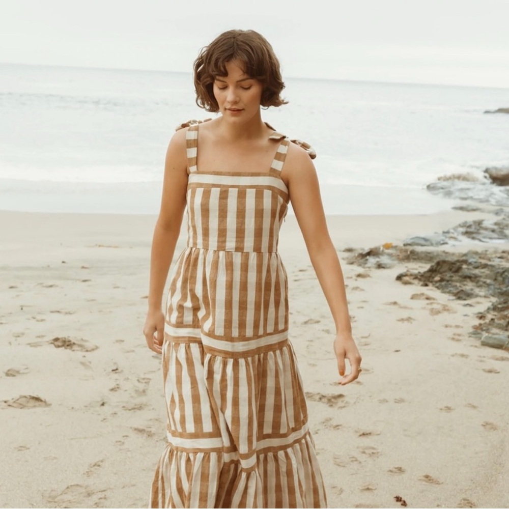 Sadie & Sage Karly Stripe Tan and White Tiered Maxi Sundress